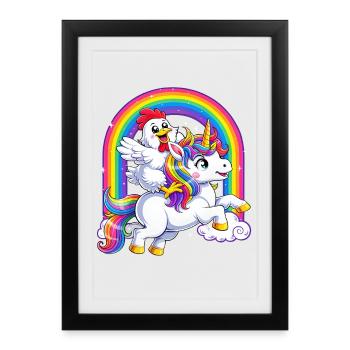 Chevauchant une licorne de poulet, amoureux de la licorne, arc-en-ciel drôle. - Affiche encadrée (27 × 37 cm) - noir - Devant