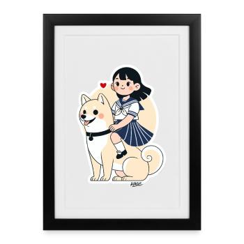 Sailor Girl et autocollant Shiba - Affiche encadrée (27 × 37 cm) - noir - Devant