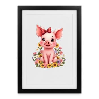 Cochon doux avec arc et fleurs Porcelet - Affiche encadrée (27 × 37 cm) - noir - Devant
