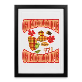 Carte de la Guadeloupe  style madras 971 gwada - Affiche encadrée (27 × 37 cm) - noir - Devant