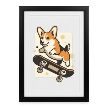 Corgi Skateboard T-Shirt Corgi Skater - Gerahmtes Poster (27 × 37 cm) - Schwarz - Vorne