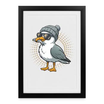 Moin seagull bird with cap and fish in mouth seagulls - Framed poster (27 × 37 cm) - black - Front
