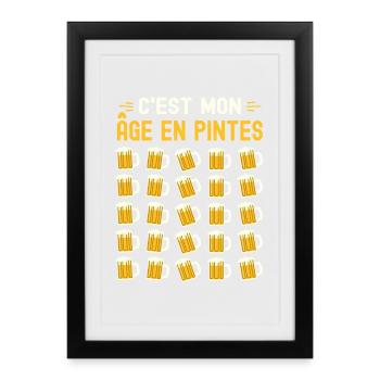 Mon Âge En Pintes 25 ans Humour Anniversaire Bière - Affiche encadrée (27 × 37 cm) - noir - Devant