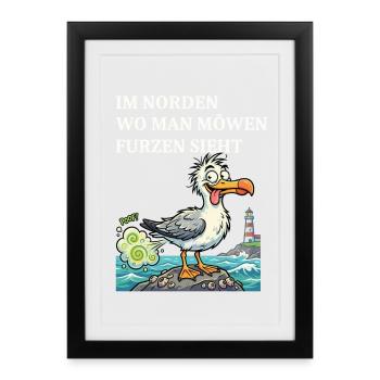 Norddeutscher Humor Spruch Möwe - Gerahmtes Poster (27 × 37 cm) - Schwarz - Vorne
