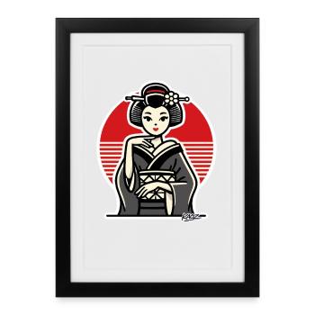 Geisha in Red Circle Illustration - Framed poster (27 × 37 cm) - black - Front