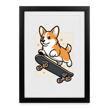 T-shirt Corgi Skateboard – Chien sur Skateboard - Affiche encadrée (27 × 37 cm) - noir - Devant