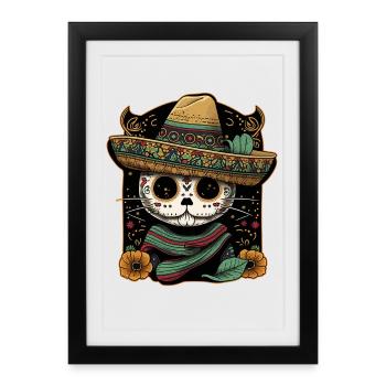 Mexican Cat Cinco De Mayo Sucre Skull Sombrero - Affiche encadrée (27 × 37 cm) - noir - Devant