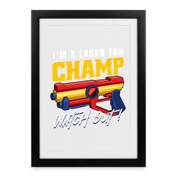 Champion de laser tag Attention Graphique Blaster drôle - Affiche encadrée (27 × 37 cm) - noir - Devant