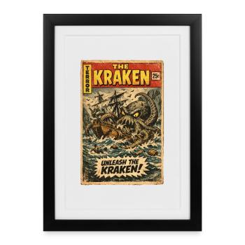 Kraken Sea Monster Vintage Comic - Affiche encadrée (27 × 37 cm) - noir - Devant