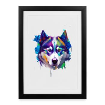 Portrait du chien Husky sibérien peinture à l’huile vibrante - Affiche encadrée (27 × 37 cm) - noir - Devant