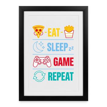 Répéter des citations de jeu Eat Sleep Game pour le joueur - Affiche encadrée (27 × 37 cm) - noir - Devant