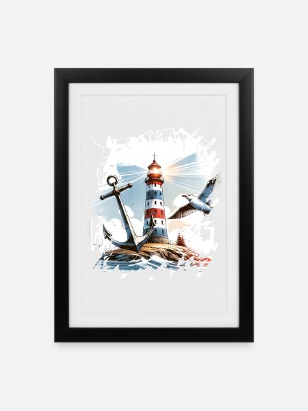 Leuchtturm Anker Möwe - Gerahmtes Poster (27 × 37 cm) - Schwarz