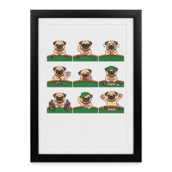 Chien de jeu de cartes de poker drôle de carlin - Affiche encadrée (27 × 37 cm) - noir - Devant