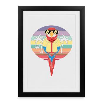 Cool Parrot Retro Summer Palm Trees - Framed poster (27 × 37 cm) - black - Front