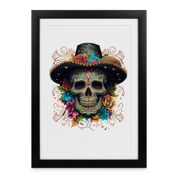 Crâne en sucre vibrant dans un sombrero floral - Affiche encadrée (27 × 37 cm) - noir - Devant