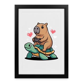 Gamer duo capybara on turtle - Framed poster (27 × 37 cm) - black - Front