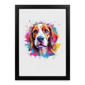 Art coloré de chien éclaboussé Beagle - Affiche encadrée (27 × 37 cm) - noir - Devant