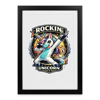 Insigne rétro de la licorne rockeuse dans le style rock - Affiche encadrée (27 × 37 cm) - noir - Devant