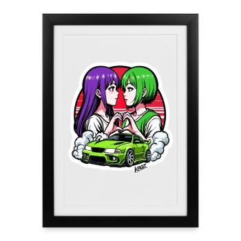 Duo néon : Heart Car Drift - Affiche encadrée (27 × 37 cm) - noir - Devant