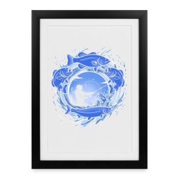 Pêche – graphismes dynamiques de poissons et de pêcheurs - Affiche encadrée (27 × 37 cm) - noir - Devant