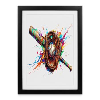 Gant Balle et Batte de Baseball Multicolore   - Affiche encadrée (27 × 37 cm) - noir - Devant