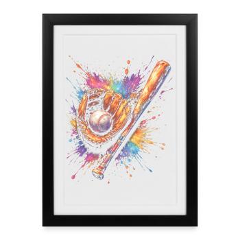 Gant Balle et Batte de Baseball Splash Art - Affiche encadrée (27 × 37 cm) - noir - Devant