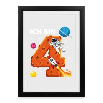 Ich bin 4 Astronaut Weltraum Geburtstag - Gerahmtes Poster (27 × 37 cm) - Schwarz - Vorne