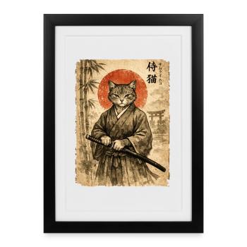 Samurai, Katze, Kater, Japanische Kunst, Anime - Gerahmtes Poster (27 × 37 cm) - Schwarz - Vorne