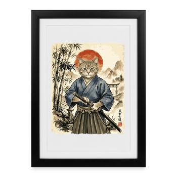 Samurai, Katze, Kater, Japanische Kunst, Anime - Gerahmtes Poster (27 × 37 cm) - Schwarz - Vorne