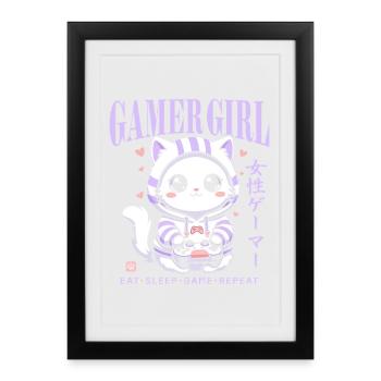 Gamer Girl Cat Kawaii Anime Gaming Mignon - Affiche encadrée (27 × 37 cm) - noir - Devant