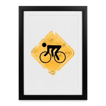 Bicycle symbol on yellow warning sign - Framed poster (27 × 37 cm) - black - Front