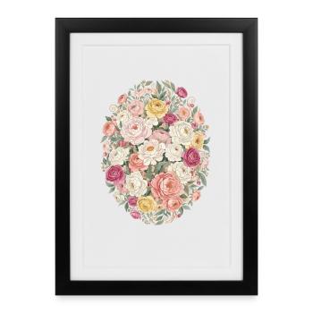 Bouquet ovale de roses en fleurs pastel - Affiche encadrée (27 × 37 cm) - noir - Devant