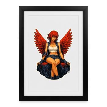 Femme aux ailes cramoisies en encre - Affiche encadrée (27 × 37 cm) - noir - Devant
