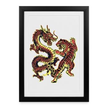 Dragon et Chinois Tigre - Affiche encadrée (27 × 37 cm) - noir - Devant