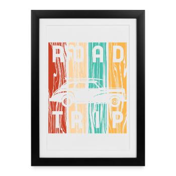 Road Trip Vintage Car Retro Stripes - Affiche encadrée (27 × 37 cm) - noir - Devant
