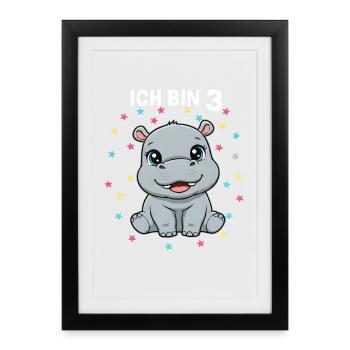 Ich bin 3 - Süßes Nilpferd zum 3. Geburtstag - Gerahmtes Poster (27 × 37 cm) - Schwarz - Vorne
