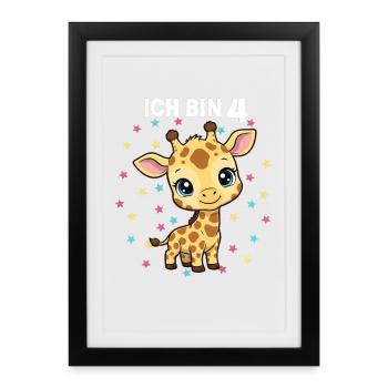 Ich bin 4 - Süßes Giraffe zum 4. Geburtstag - Gerahmtes Poster (27 × 37 cm) - Schwarz - Vorne
