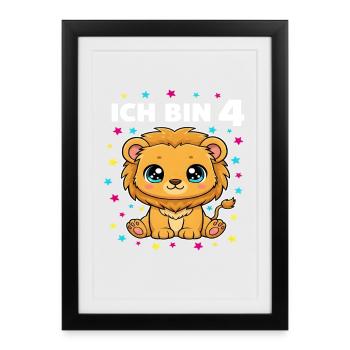 Ich bin 4 - Süßes Löwe zum 4. Geburtstag - Gerahmtes Poster (27 × 37 cm) - Schwarz - Vorne