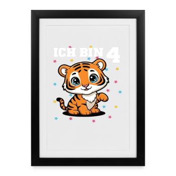 Ich bin 4 - Süßes Tiger zum 4. Geburtstag - Gerahmtes Poster (27 × 37 cm) - Schwarz - Vorne