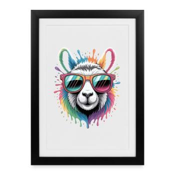 Buntes Lama Wasserfarben Spritzer - Gerahmtes Poster (27 × 37 cm) - Schwarz - Vorne