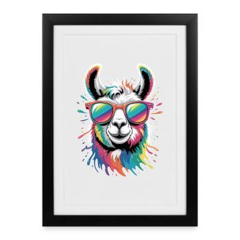 Buntes Lama Wasserfarben Spritzer - Gerahmtes Poster (27 × 37 cm) - Schwarz - Vorne