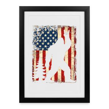 Bigfoot Rock sur le bouclier, Sasquatch Yeti Drapeau USA - Affiche encadrée (27 × 37 cm) - noir - Devant