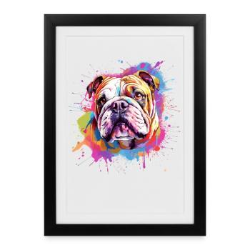 Bulldog Chien coloré à l’art éclaboussé - Affiche encadrée (27 × 37 cm) - noir - Devant