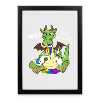 Bunter Drache isst Letztes Einhorn Humor - Gerahmtes Poster (27 × 37 cm) - Schwarz - Vorne