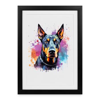 Art éclaboussuré de chien Doberman Pinscher - Affiche encadrée (27 × 37 cm) - noir - Devant