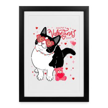 Chat de la Saint-Valentin avec des lunettes en forme de cœur - Affiche encadrée (27 × 37 cm) - noir - Devant