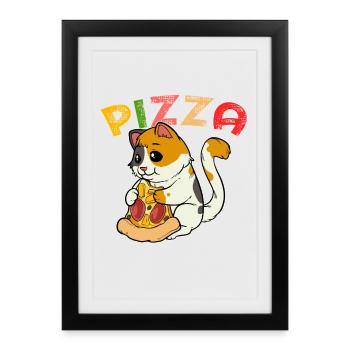 Pizza Cat : Chaton mignon avec du salami de pizza - Affiche encadrée (27 × 37 cm) - noir - Devant