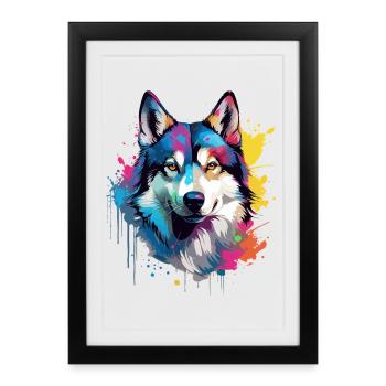 Art coloré éclaboussé de Husky de chien - Affiche encadrée (27 × 37 cm) - noir - Devant