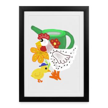 Chicken and chick in flower garden - Framed poster (27 × 37 cm) - black - Front