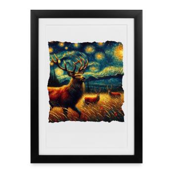 White-tailed deer Starry Night - Framed poster (27 × 37 cm) - black - Front
